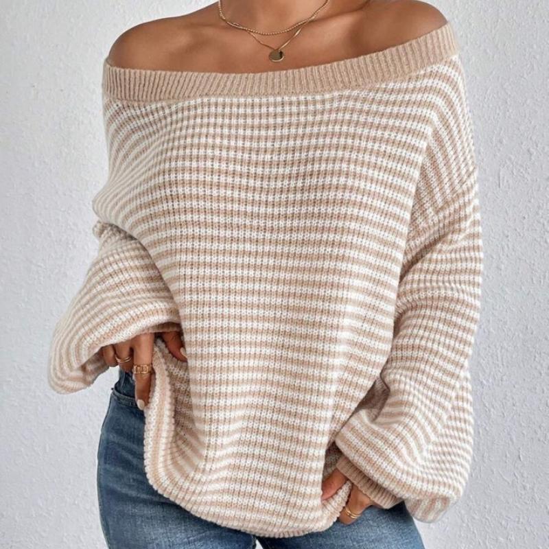 Off The Shoulder Striped Sweater Women Autumn Winter Fashion Loose Soft Neckline Casual Knitted Sweaters