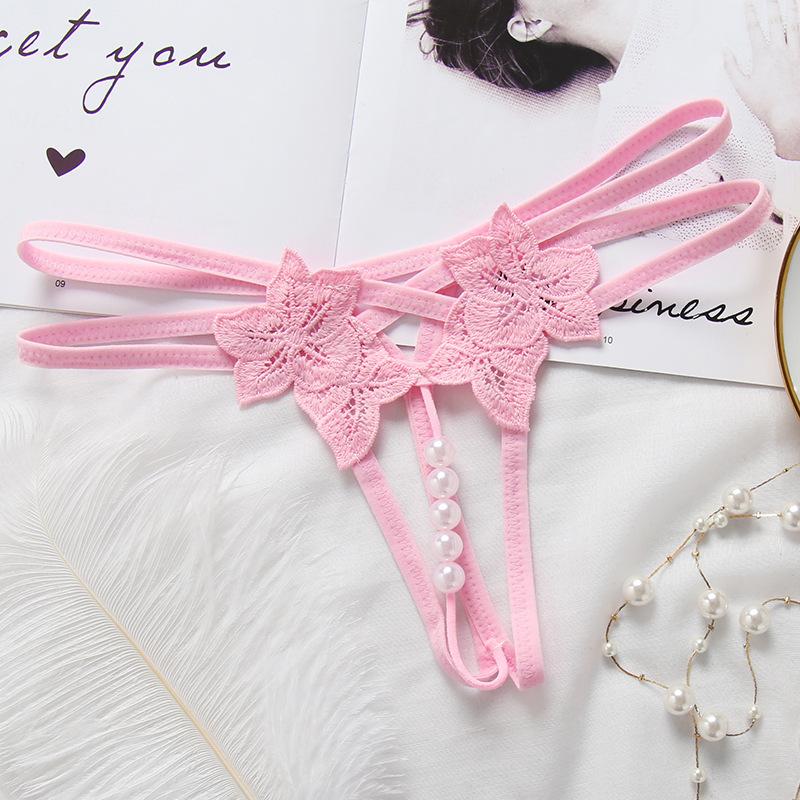 Women Sexy Lace Panties Thongs Pearl Pendant Lace Embroidery G-String T-Back Briefs Underwear Adjustable Ladies Panties Lingerie