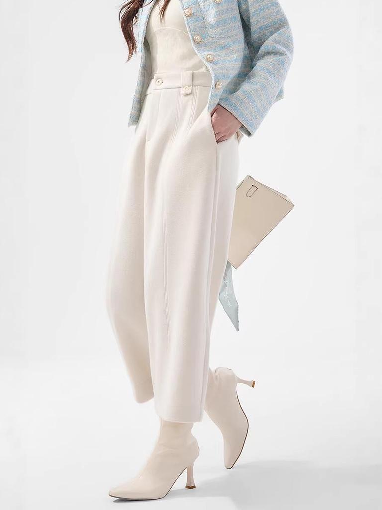 Women's High-Waisted Black-Grey Wool Blend Wide-Leg Trousers, Plus Size, Autumn/Winter