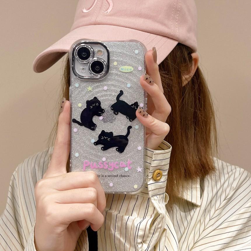 Black Cat Glitter Bowknot Anti-Drop Phone Case for iPhone 17 Air/16 Pro Max