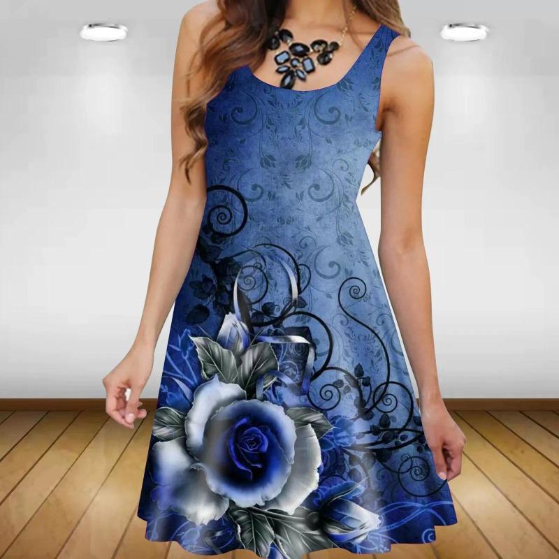 Sleeveless Floral Pattern Women Casual Mini Dresses Summer 3D Printed Street Trend Ladies Flower Dress Loose Dress