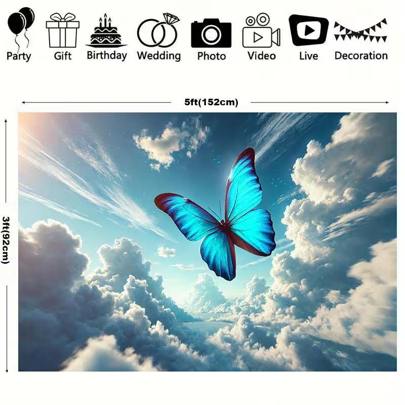 2D Flat Printing Blue Morpho Butterfly Backdrop Sky Cloud Party Background