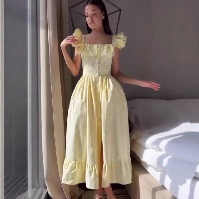 Flying Sleeves Frill Dress 2025 Fresh Sweet Square Collar Breasted Stripe Slit Long dress