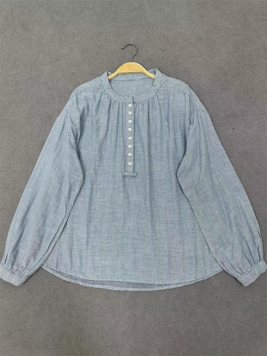 

Johnature Осенние винтажные рубашки с круглым вырезом в полоску с длинным рукавом, свободные повседневные рубашки для женщин One Size синий