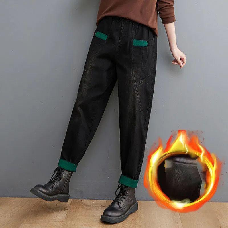 

Осенне-зимние утепленные и утолщенные женские джинсы, повседневные тонкие свободные брюки с талией, широкие брюки в этническом стиле XXS