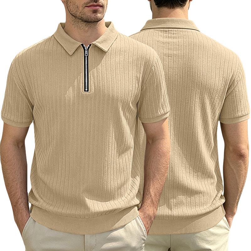 Men Solid Vertical Stripe Half Zip Turn Down Collar Short Sleeve Casual Large Size Polo T Shirt
