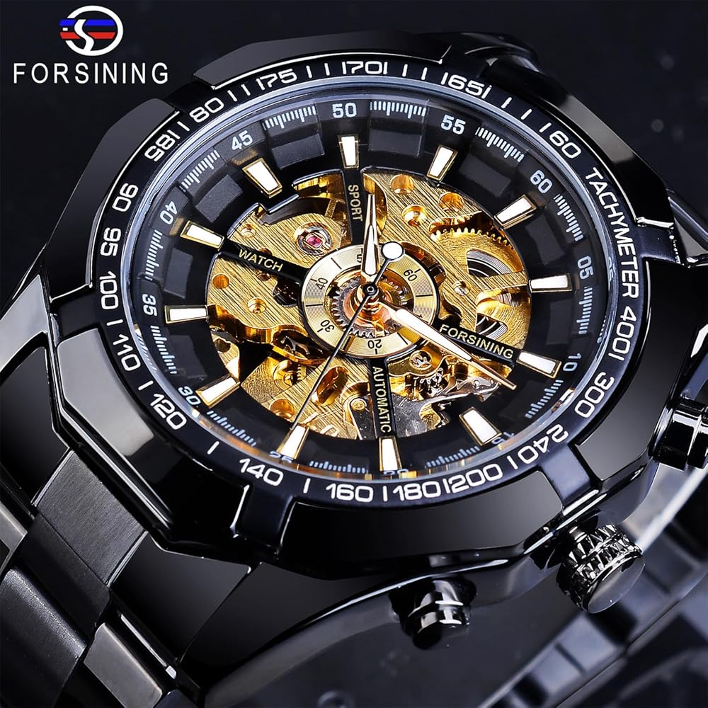 Forsining Men's Automatic Skeleton Watch Blue Black Stainless Steel Band Waterproof Modern Design