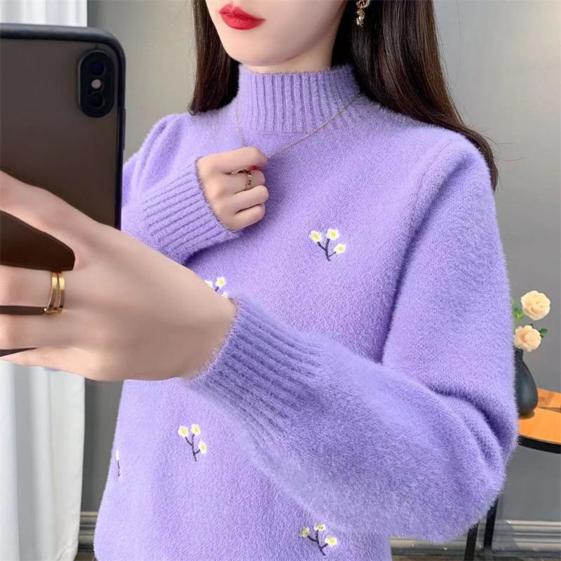 

Осень-зима Новый полувысокий воротник утолщенный свитер из норки женский свободный вязаный низ однотонный топ 3XL фиолетовый