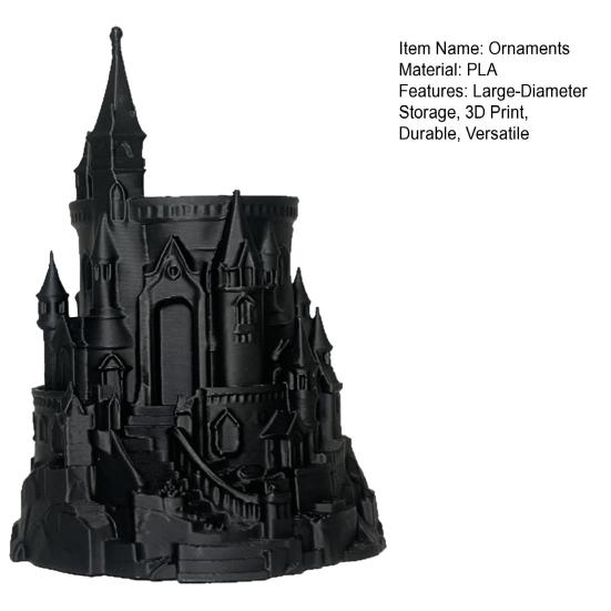 Dark Castle Pen Holder Large-Diameter Storage Desktop Organizer with 3D Micro-Landscape Design Distressed Black Gray Texture Durable Fantasy Decor