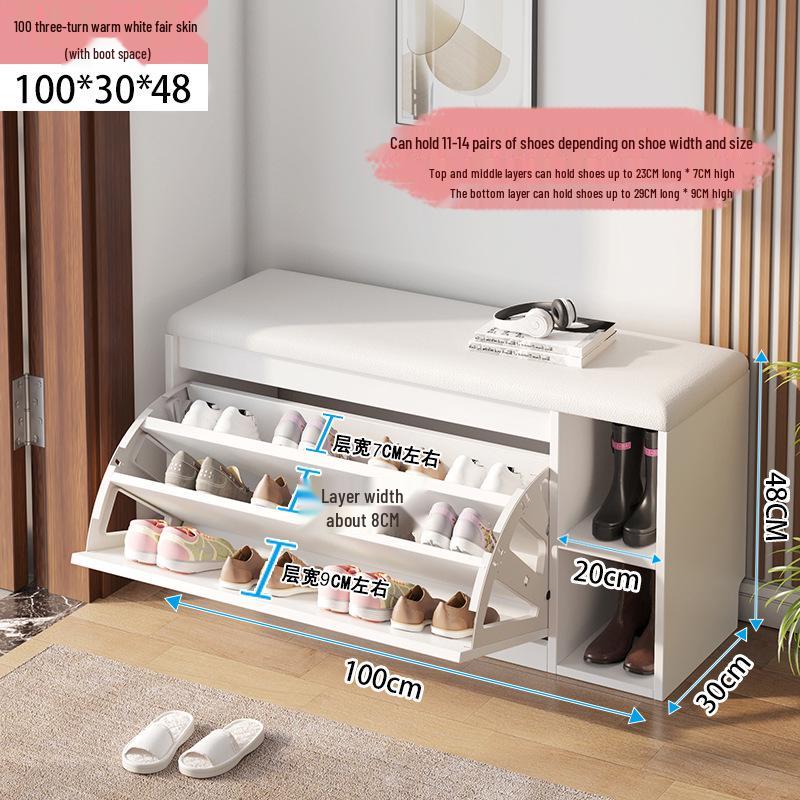 Shoe Storage Bench with Flip-Top Cabinet and Integrated Stool for Entryway