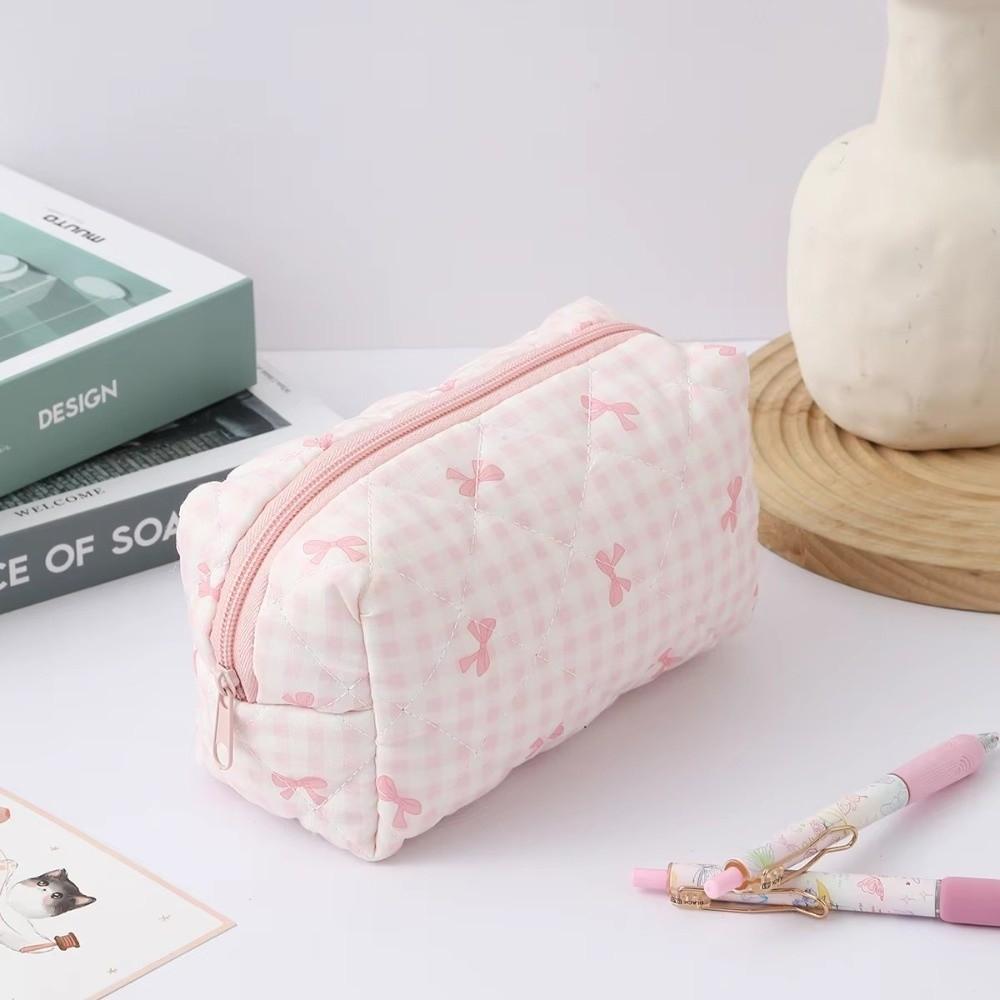 Large Capacity Plaid Bow Pattern Stationery Bag Lightweight Coin Purse Makeup Storage Bag Office