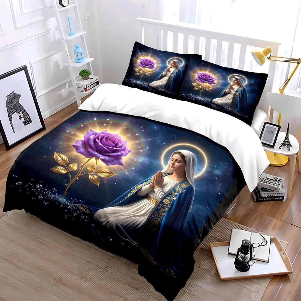 Praying Woman with Purple Rose Bedding Duvet Cover Set (1*Duvet Cover 2*Pillowcases, Without Duvet Insert)