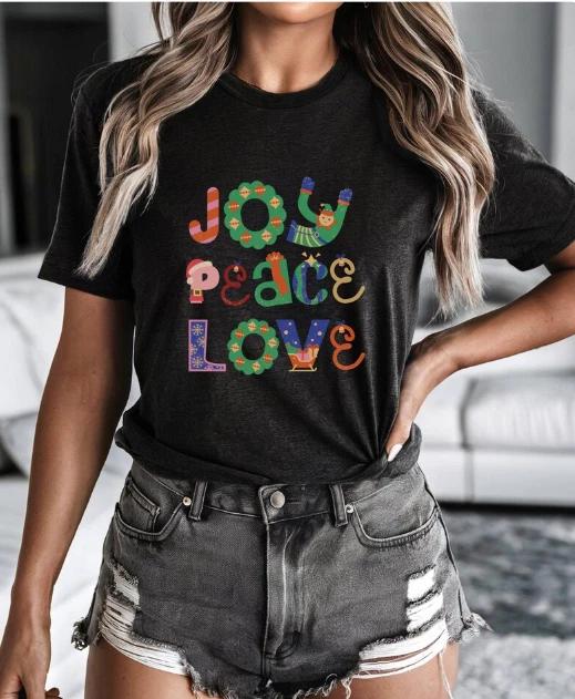 Joy Peace Love Holiday Typography 100% Cotton T-shirt Mens Tees Top | Colorful Motivational Tee L