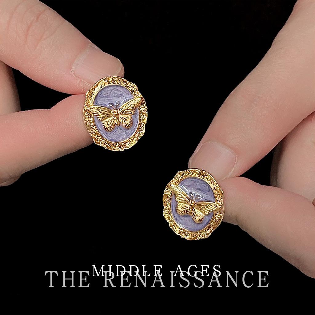 French retro court style butterfly stud earrings drip glaze metal light luxury earrings earrings
