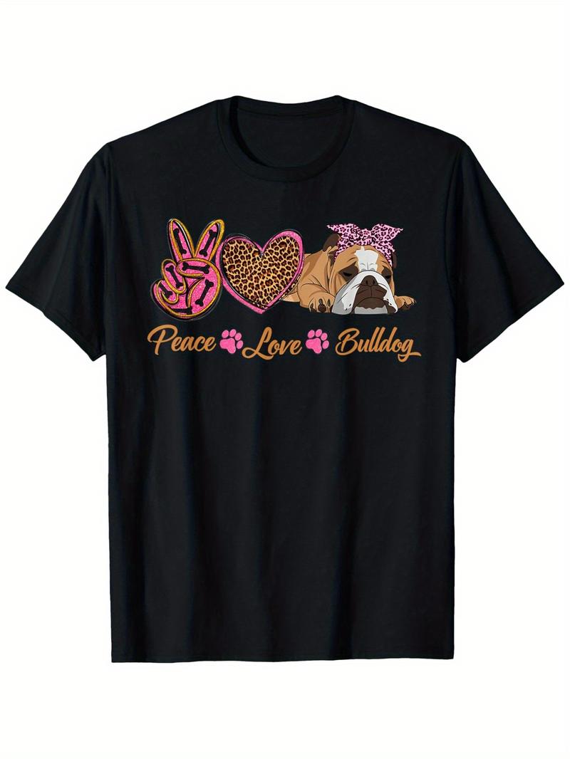 Vintage Graphic 100 Cotton TShirt Peace Love Bulldog With Leopard Heart And Peace Sign Summer M