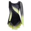 Girls Shiny Rhinestone Contrast Color Performance Dress Round Neck Asymmetrical Split Skating Dance Gymnastics Gown