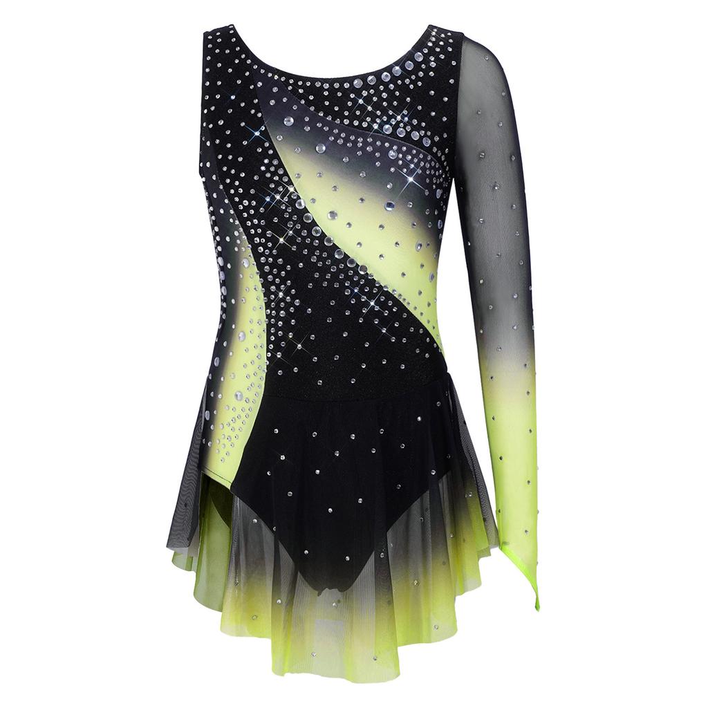 Girls Shiny Rhinestone Contrast Color Performance Dress Round Neck Asymmetrical Split Skating Dance Gymnastics Gown