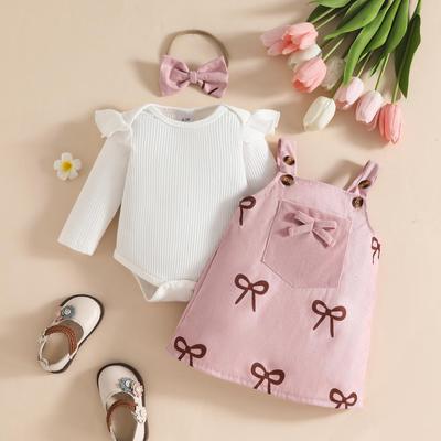 2025 Europe Autumn/Winter Cute Toddler Skirt Set: Flutter Sleeve Romper & Long Sleeve Printed Overalls