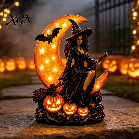 Dark Aesthetic Room Decor Halloween Witch on Crescent Moon Decorative Light, Gothic Detailed Fantasy Figurines Lamp, Resin Figurine for Home Tabletop