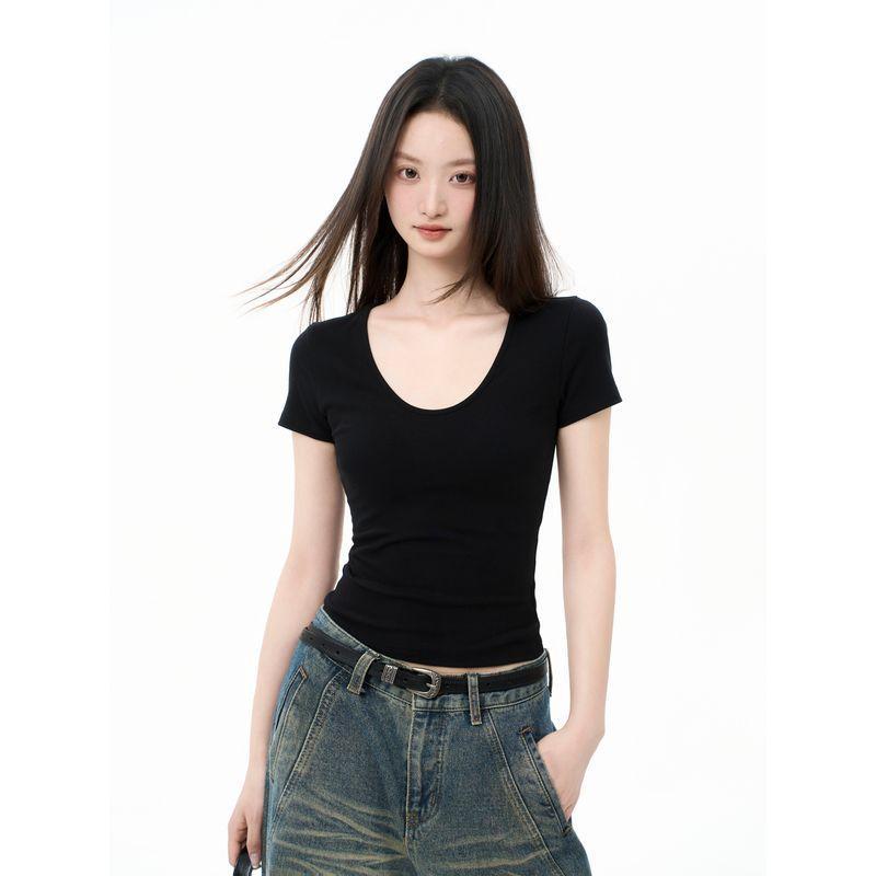 

Iiiamx Black U Collar Big Neckline Short sleeve T-shirt Women Summer Slim fit Shoulder Slimming Base Top 2025 New