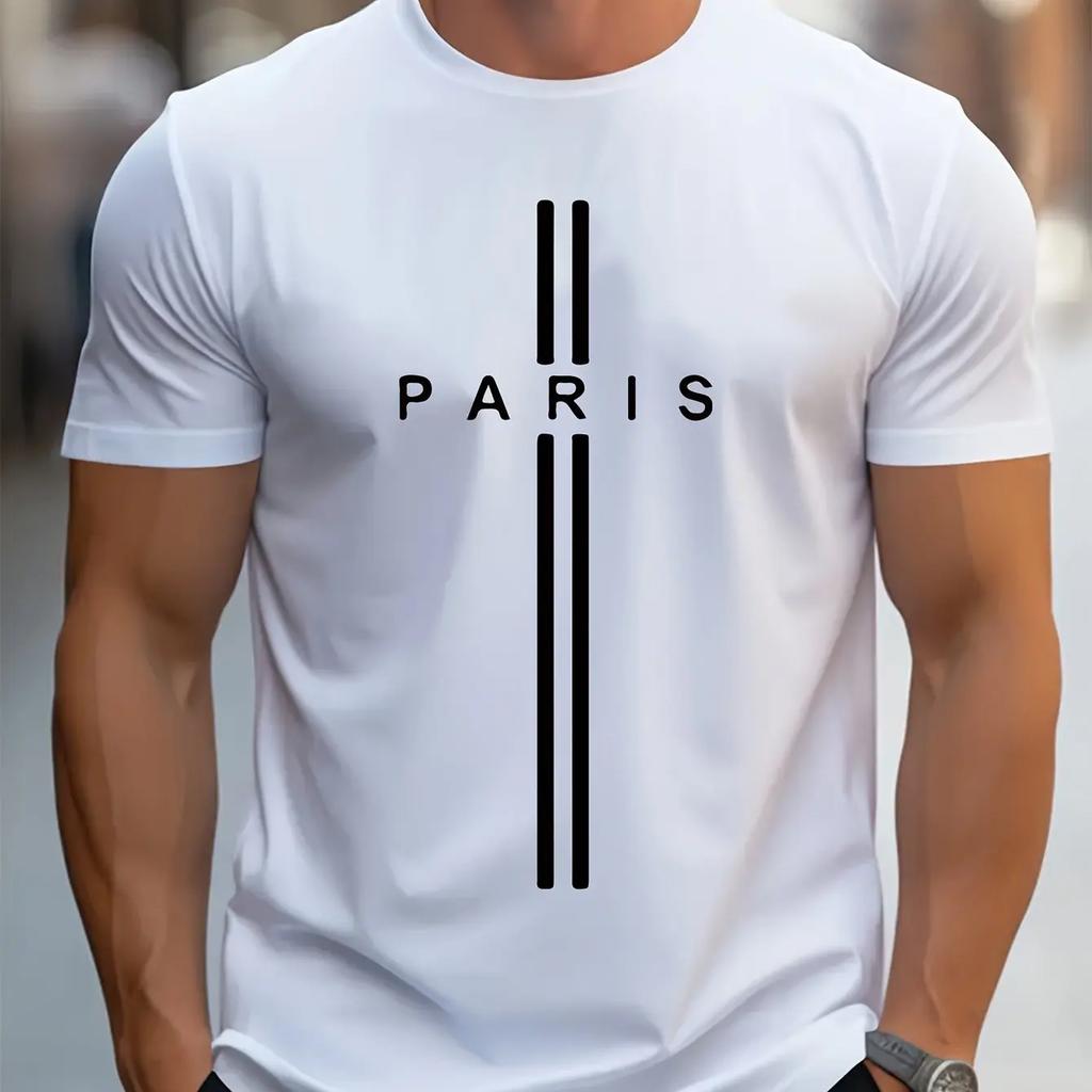 T-shirt Homme Été Coupe Ample Grande Taille Style Nouveau 2025 Imprimé Paris Décontracté Col Rond Manches Courtes Haut Respirant Pur Coton