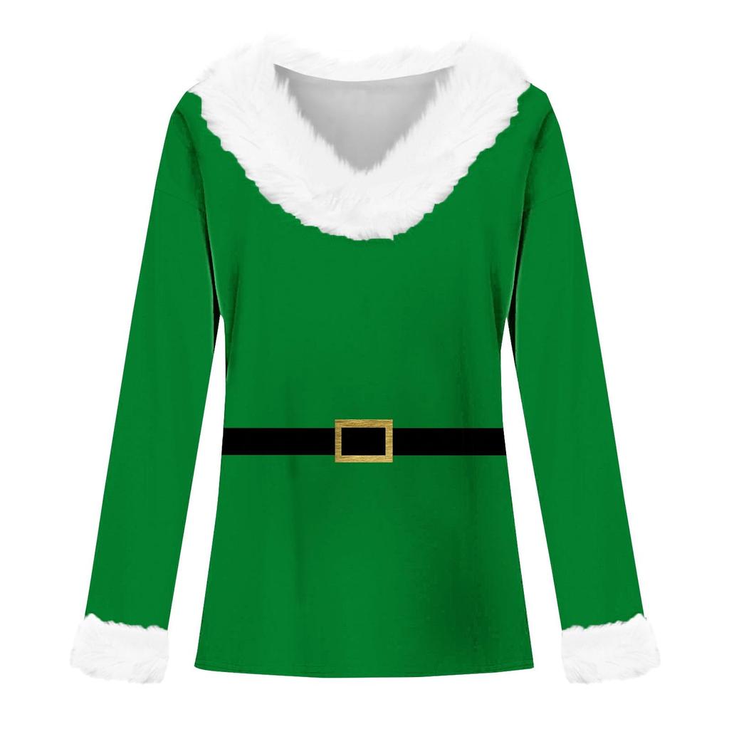 Ladies' Fashionable And Casual Christmas Printed Plush V-neck Long Sleeved Shirt