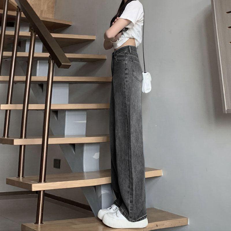 American Black and Gray Wide Leg Jeans Women's Early Spring New Low Waist Straight Leg Loose Look Slim All Draped Draped Mopping Pants