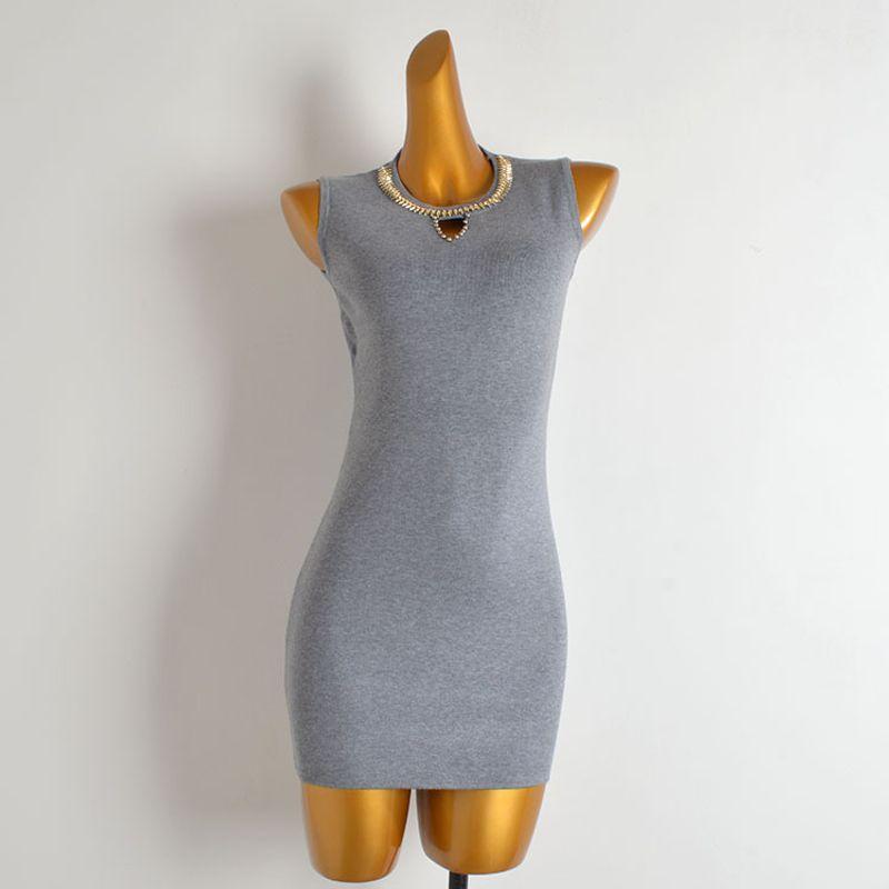 Summer New Arrival Pure Color Series Round Neck Bead Sleeveless Knitting Dress Women's Clothing Silm Mid Length Long Length Bodycon Dress