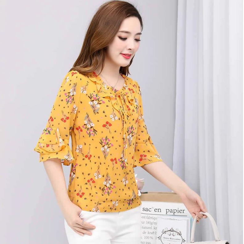 New Half Sleeve Blouse for Women's Clothing Floral Chiffon Shirt Bow Ruffled Pullovers Top S-5XL