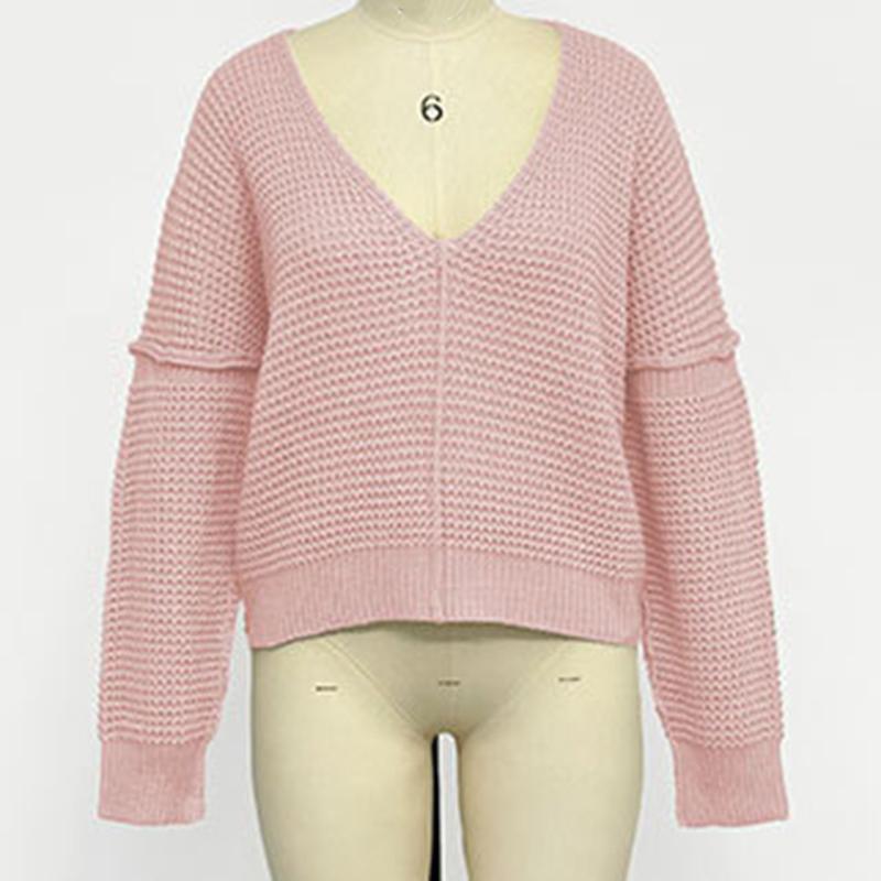 Ladies Autumn Winter Long Sleeve V Neck Solid Color  Pullover Knitted Sweater Knitwear Top