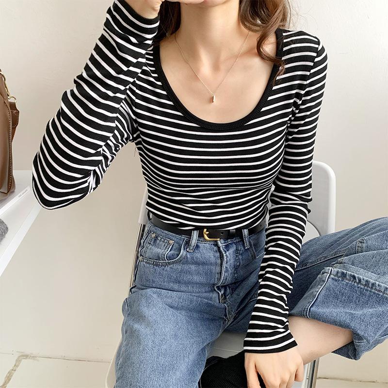 

Трикотажная футболка с низким воротником, черно-белая в полоску, женская, новая, осенне-зимняя, с большим круглым вырезом, облегающая, в западном стиле, с длинным рукавом, женская блузка XL