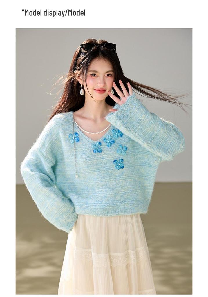 Elegant French Floral Knit Sweater for Women - New Autumn 2026 Blue Design