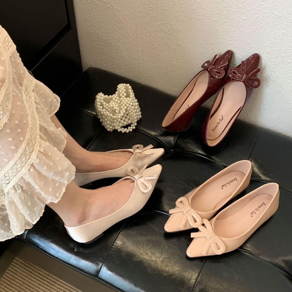 

2025 new pointed bow satin low heel foot cover versatile shallow mouth Doudou pregnant women s single shoes 39 рожевий