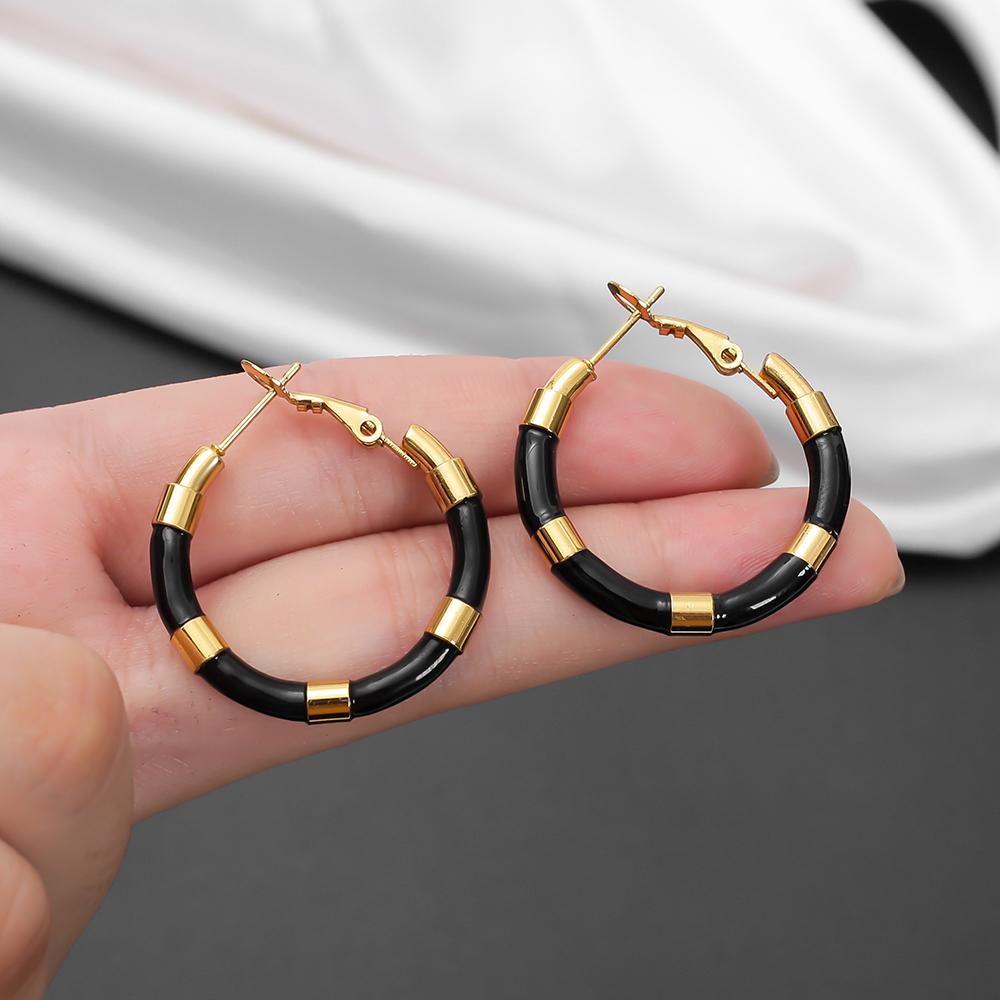 Women's Hoop Earrings Stainless Steel Gold Color Vintage Elegant Black Red White Pink Glazed Ladies Daily Wear Jewelry Gifts