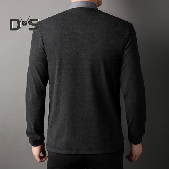 Homens Primavera Outono Top Falso Camisa de Duas Peças E Cardigan Patchwork Malha Suéter Gola Dobrada Estilo Formal Casaco de Escritório