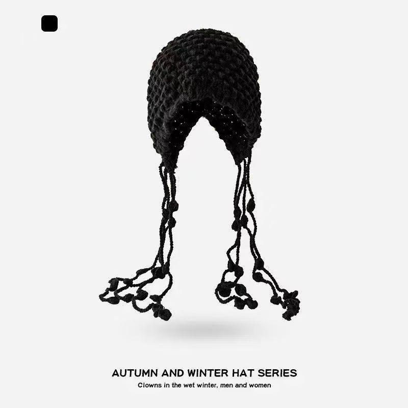 Fashion West Sichuan Travel Red Hollow Knitted Baotou Hat Female Face Small Fringed Wool Hat Cover Cold Hat Female