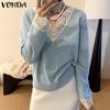 VONDA Autumn Winter Women Lace V Neck Long Sleeve Knitted Pullover Sweaters Jumpers
