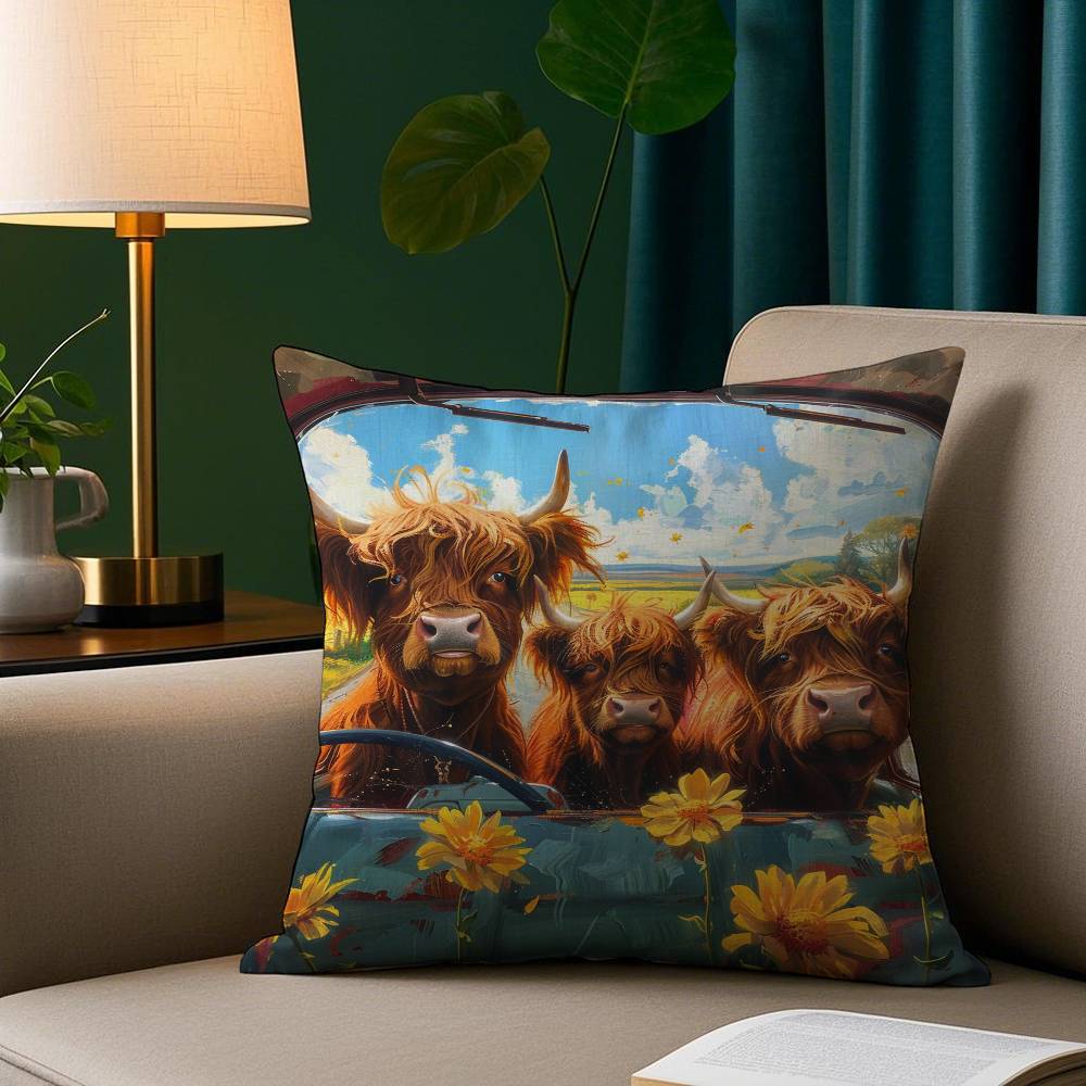 Vibrant Highland Cow Pattern Pillow Case Short Plush Print Cushion Cover Square Throw Pillow Covers Sofa Home Decor