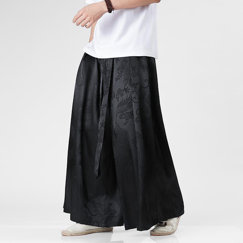 Men Ice Silk Wide Leg Pants Solid Color Loose Joggers Elastic Waist Trousers Men Streetwear Vintage Casual Long Pants