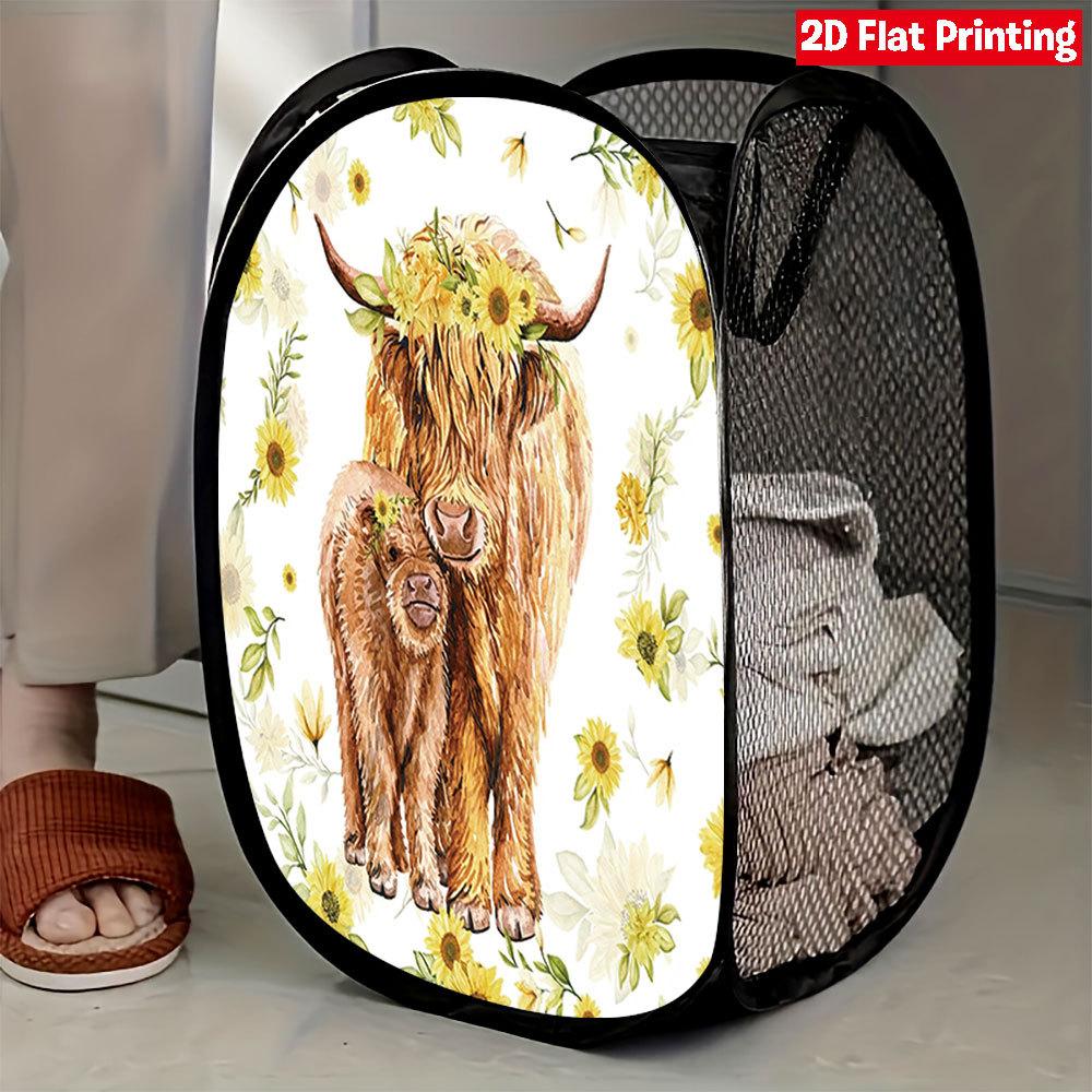 1Pcs Sunflower Calf Pop-Up Laundry Hamper Expandable Mesh Hamper Basket for Room Bedroom Bathroom Organization Contemporary Storage
