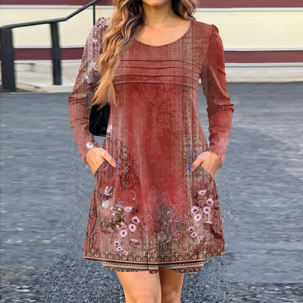 Women's Long Sleeve Dress Fall Casual T Shirt Loose Fit Pleated Front Dresses With Pockets