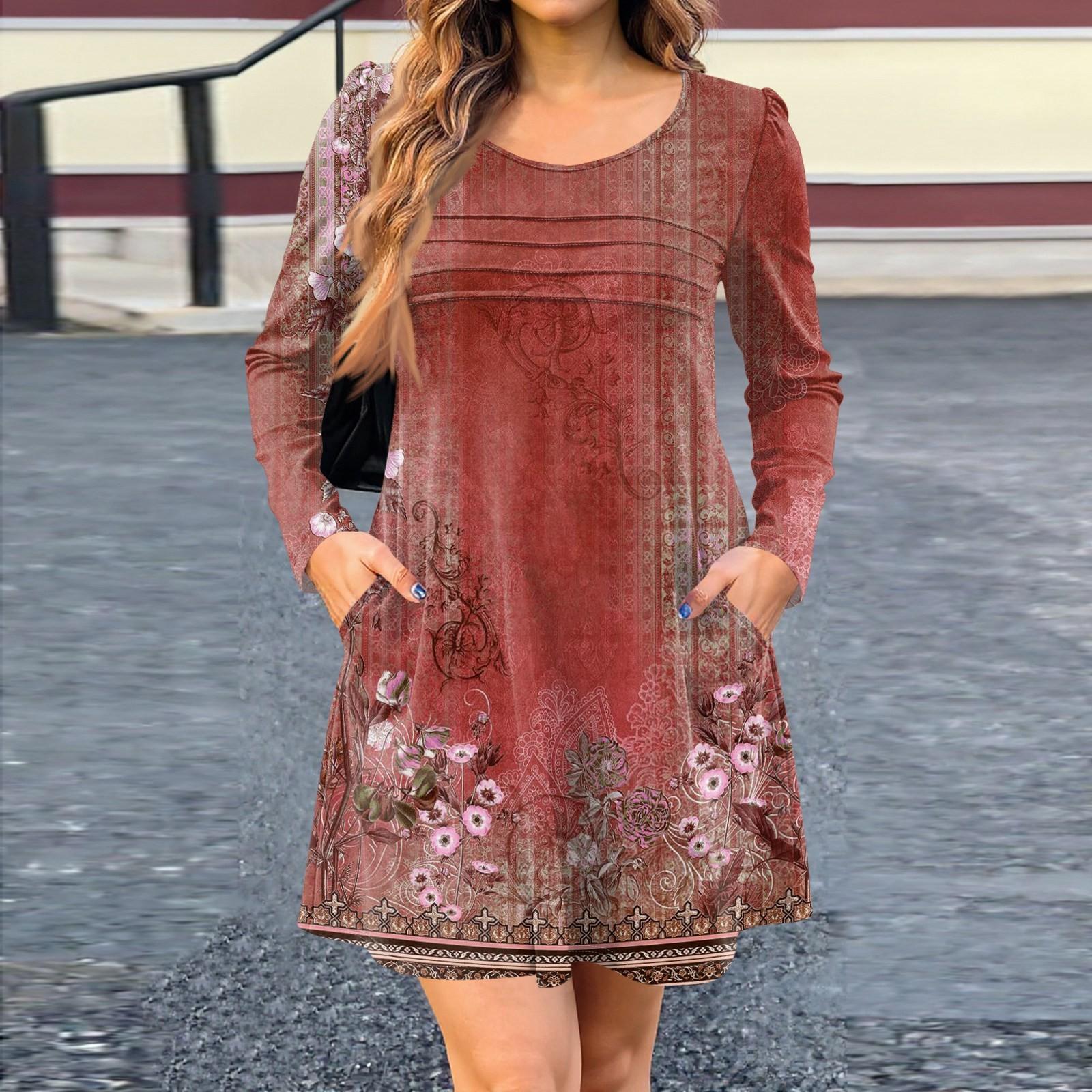 

Женское платье с длинным рукавом, осеннее повседневное, футболка, свободного кроя, с плиссировкой спереди, платья с карманами S красный