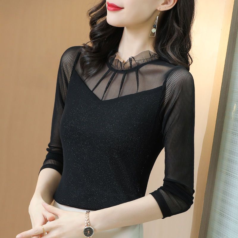 Black Mesh Long-sleeved Base Shirt  Women with Fashionable Tops  Women with T-shirts