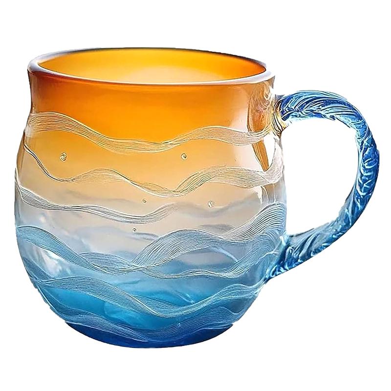 Meerglas Sonnenuntergang Tasse Handgeblasene Ozeanwellenmuster Tasse Einzigartige strukturierte Strand-Thema Tassen Für Tee Meeresinspirierte Trinkgeschirr