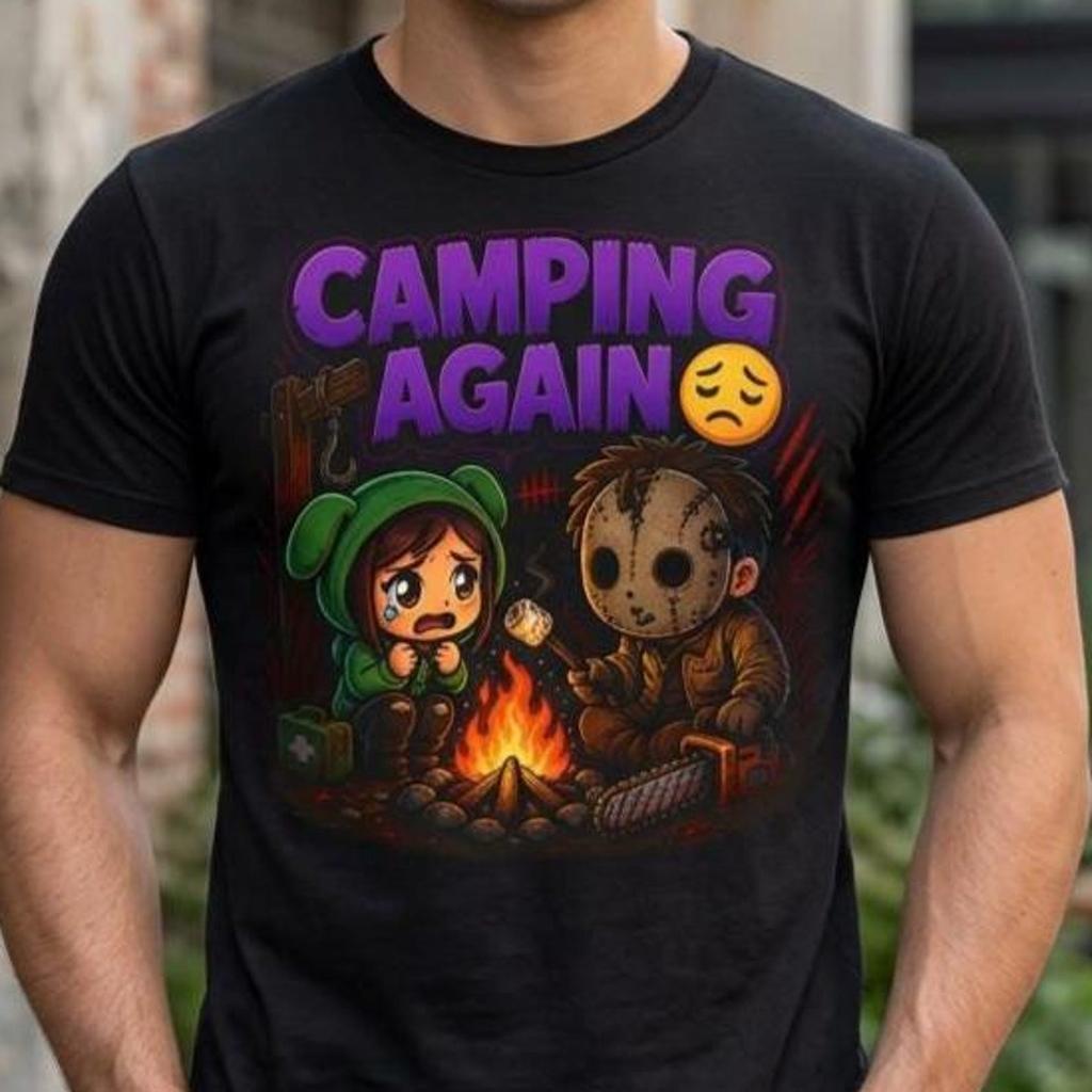 DBD Inspired Camping Again Shirt, Funny Horror Gamer Tee, Survivor Killer Gift, Campfire Meme Shirt, Dark Chibi Tee