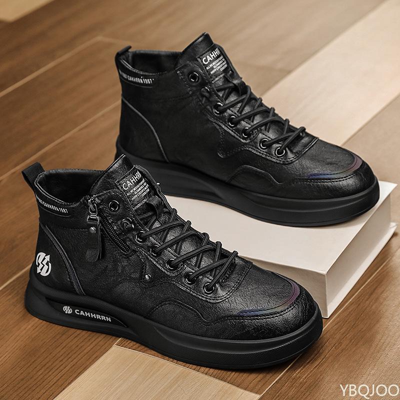 Fashion Trendy Splicing Men's Board Shoes High Top New Casual Lace Up Side Zipper Flat Bottom Vulcanized Shoes Sneakers Zapatos Hombre