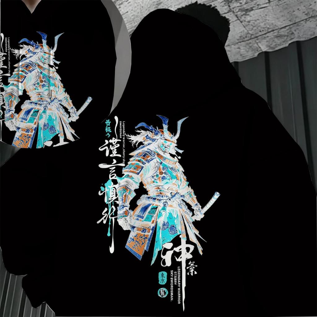 Men's Japanese Samurai Series 2D Print Hoodie - Breathable Comfy Fabric, Unique Design Versatile Casual Daily Wear, Ideal for Halloween & Outdoor Outi