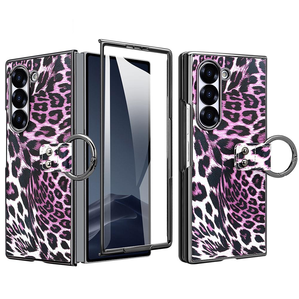 For Samsung Galaxy Z Fold6 5G Case Leopard Pattern PU PC Phone Cover with Tempered Glass Film/Ring Holder