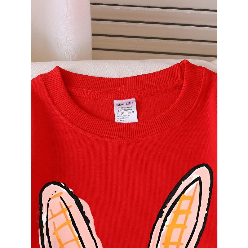 Kids Crewneck Sweatshirt, Pink Bunny Face with Orange Ears Graphic Print,Spring Autumn Casual Sport Tops