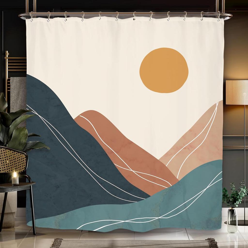 Abstract Mountain Shower Curtain Set Mid Century Minimalist Sunrise Sunset Natural Landscape Modern Polyester Waterproof Cloth